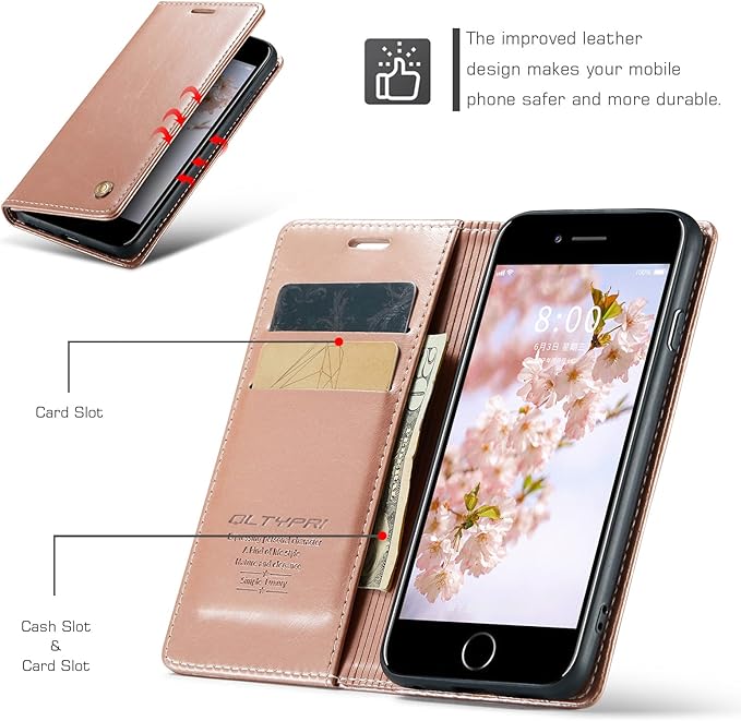 QLTYPRI Case for iPhone 16e, Vintage PU Leather Wallet Case Card Slot Kickstand Magnetic Closure Shockproof Flip Folio Cover for iPhone 16e - Rose Gold