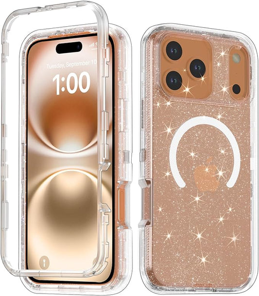 Designed for iPhone 17 Pro Case,[Compatible with Magsafe] [Non-Yellowing] [Without Screen Protector] Shockproof/Dust/Drop Proof 3-Layer Full Body Protection Rugged Heavy Duty Cover, Clear Glitter