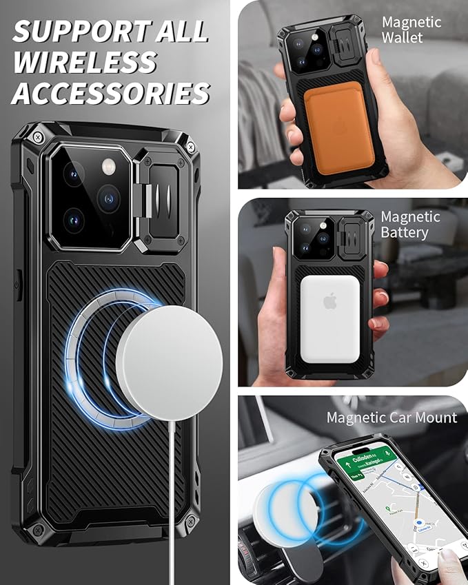 Lanhiem Magnetic for iPhone 14 Pro Max Metal Case, [Built-in Camera Kickstand & Glass Screen Protector] Heavy Duty Full Body Rugged Protective Military Magsafe Cover for iPhone 14 Pro Max 6.7" (Black)