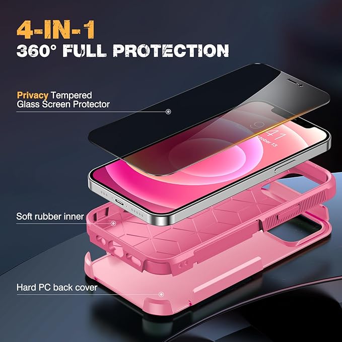 Diaclara Designed for iPhone 12 Case/iPhone 12 Pro Case, [with Privacy Screen Protector] [Anti Spy] [Military Grade Drop Protection] Heavy Duty Full-Body Shockproof Phone Case, Pink