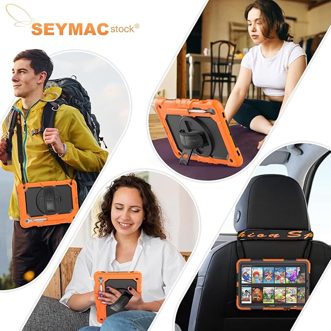 SEYMAC stock Case for Samsung Galaxy Tab S10 Lite / S10 FE / S9 FE 5G / S9 Tablet Case 10.9''/ 11'' Protective with Screen Protector, Pen Holder, 360 Rotate Stand, Hand Strap, Shoulder Strap, Orange
