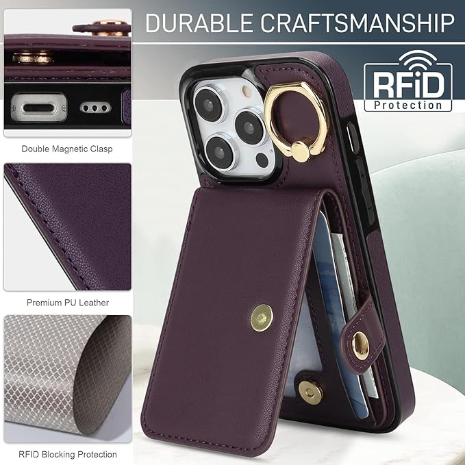 Compatible iPhone 16 Pro Wallet Case with Card Holder RFID Blocking PU Leather Doubles as a Wallet Unisex Flip Shockproof Protection with Card Slots Ring Wrist Kickstand Function,Purple