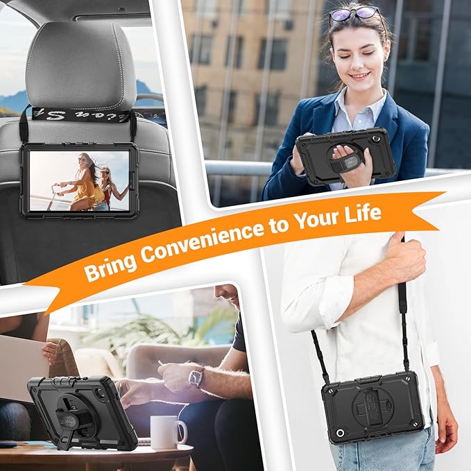 SEYMAC for Samsung Galaxy Tab A9 Case 8.7 Inch 2023 (SM-X110/X115/X117), Heavy Duty Shockproof Protective Case with Screen Protector, Rotating Stand, Hand/Shoulder Strap and Pen Holder, Black