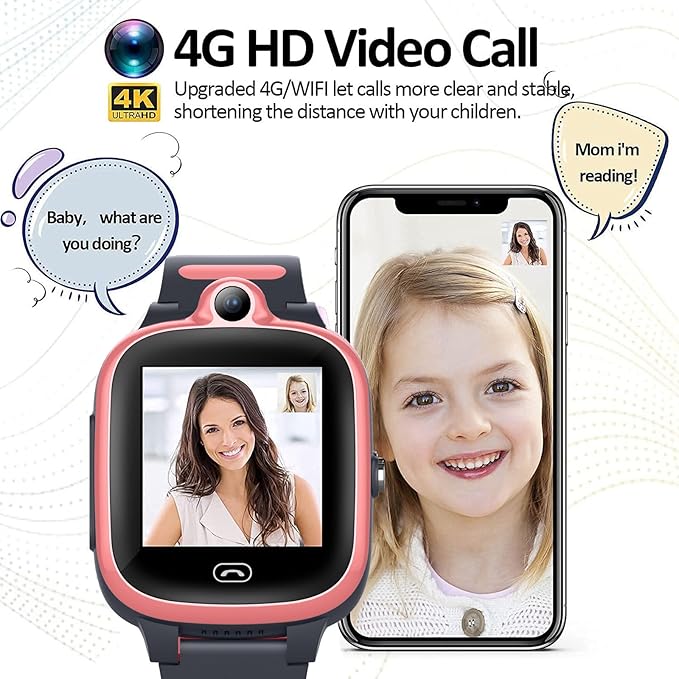 TEZILON Kids 4G GPS Smart Watch Worldwide Real-Time Tracking Phone Video Call Text Waterproof SOS Emergency Alarm Voice Message Camera Geo-Fence Pedometer Anti-Lost GPS Tracker 3-15 Girls Present
