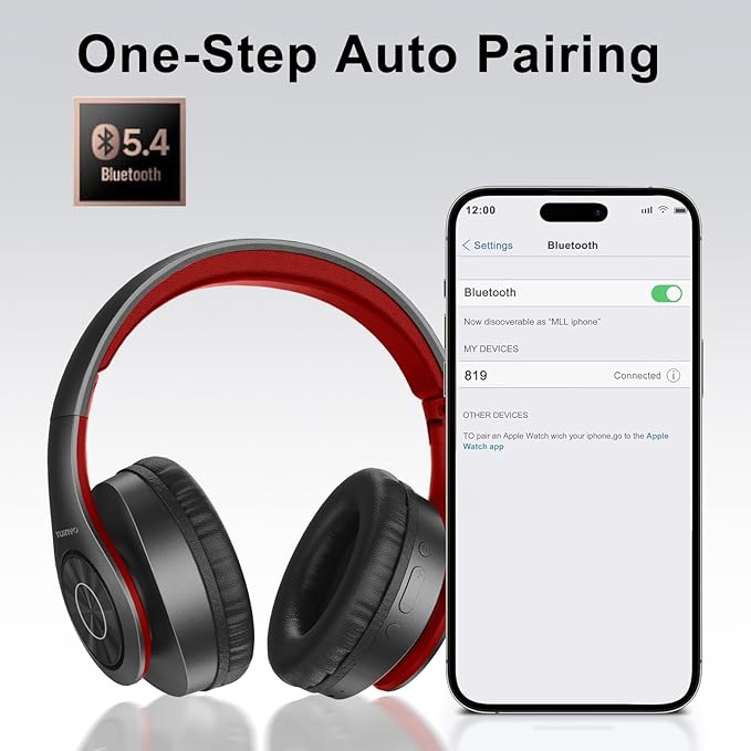 TUINYO Bluetooth Headphones, Over Ear Stereo Wireless Headset 40H Playtime with Deep Bass,Soft Memory-Protein Earmuffs,Built-in Mic Wired Mode PC/Cell Phones-Black red