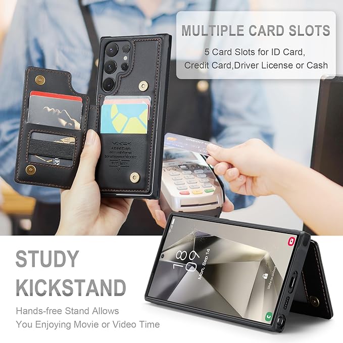 Vinich for Samsung Galaxy S24 Ultra Wallet Case with Card Holder, RFID Blocking Credit Slots Kickstand Shockproof Phone Cover for Women Men, Black