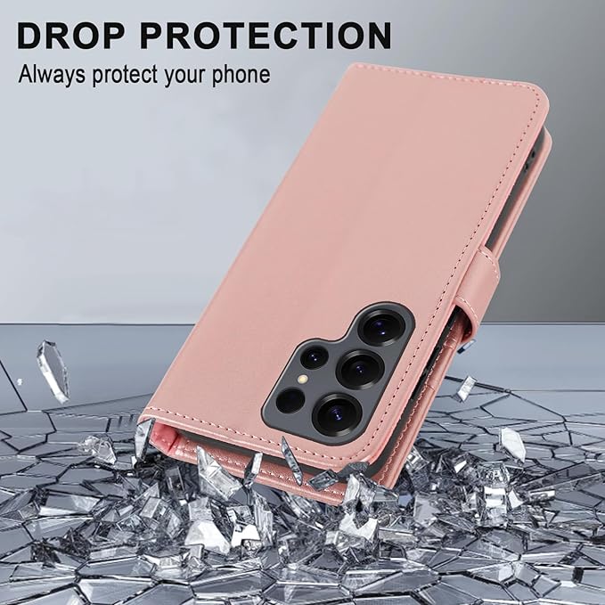 MONASAY Wallet Case Fit for Samsung Galaxy S25 Ultra 6.9 inch, [Lens & Glass Screen Protector Included] [RFID Blocking] Flip Folio Leather Cell Phone Cover with Credit Card Holder, Rosegold