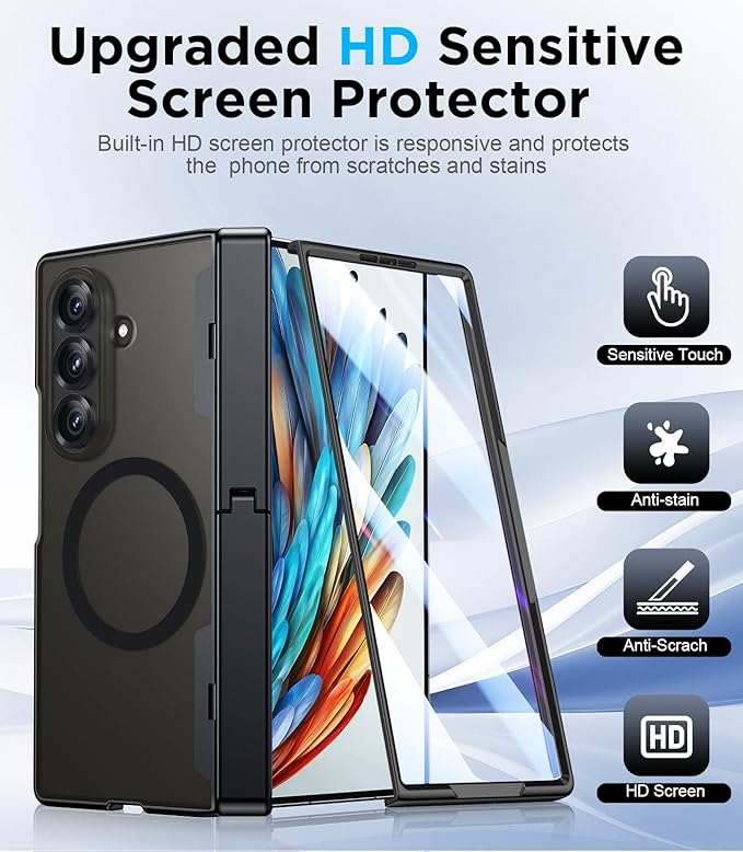 Temdan Magnetic for Samsung Galaxy Z Fold 7 Case,[Compatible with MagSafe][Built-in HD Screen Protector&Invisible Kickstand][Hinge Protection]Translucent Matte Shockproof Phone Case for Z Fold 7,Black
