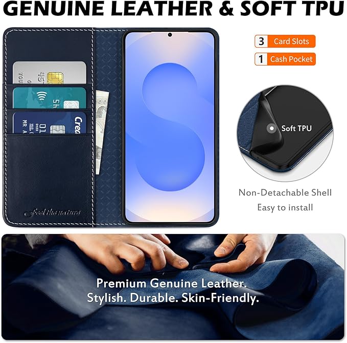 SHIELDON Case for Galaxy S25 FE 6.7", Genuine Leather Wallet Flip Book Case RFID Blocking Card Holder Kickstand Shock Absorbing Protective Case Compatible with Galaxy S25 FE 2025 5G - Retro Dark Blue