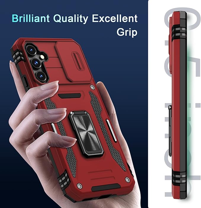 DEERLAMN Case for Samsung Galaxy S23 FE 6.4-Inch with Slide Camera Cover+Screen Protector(1 Pack),Rotated Ring Kickstand Military Grade Shockproof Protective Cover-Red