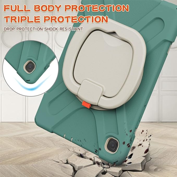 360 Rotation Case for Samsung Galaxy Tab S6 Lite 10.4" Sturdy Cover Rotate Ring Stand Shoulder Carrying Strap Hand Strap Rugged Children Adults Outdoor Case (DarkGreen)