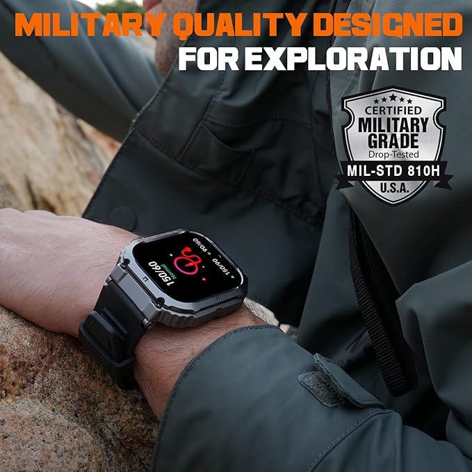 Smart Watch,100M Waterproof Rugged Military Smartwatch with Bluetooth Call(Answer/Dial Calls) 2-inch Utral Large HD Display 70 Days Extra Long Battery Life,100+ Sports Modes Fitness Tracker