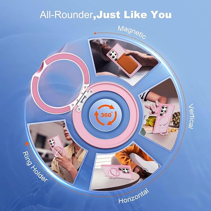 Compatible with Samsung Galaxy S24 Ultra Case with 360Rotatable Magnetic Ring Stand Compatible with Mag-Safe Military Protection Matte Translucent Phone Cases for S24 Ultra 6.8",Pink