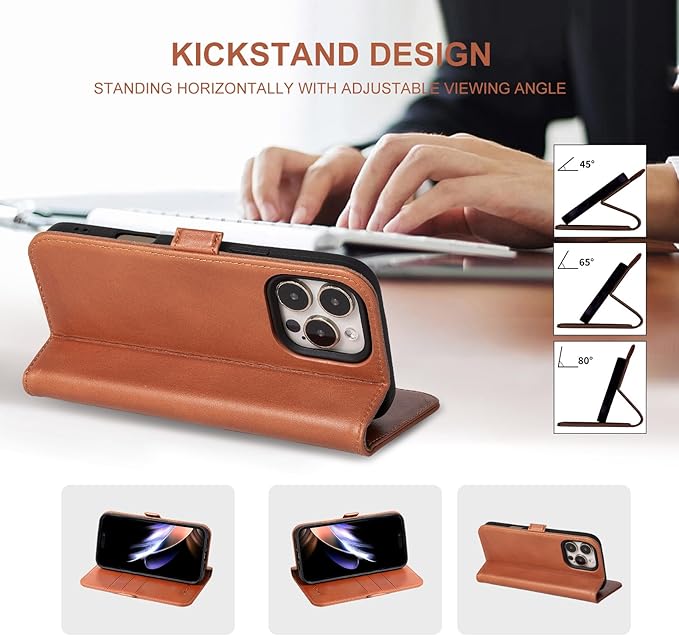 Case for iPhone 16 Pro 6.3" 2024-Genuine Leather Folio Magnetic Closure RFID Blocking Card Holder Kickstand Full Protection Phone Case Compatible with iPhone 16 Pro (Brown)