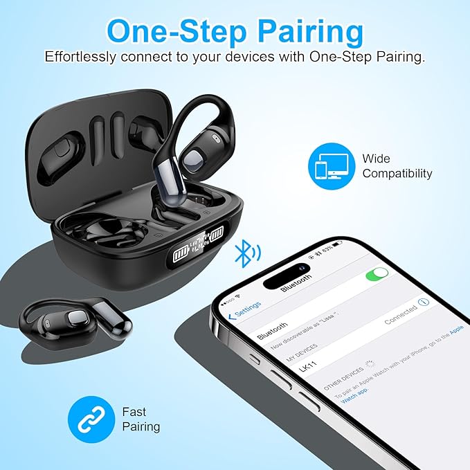 Open Ear Earbuds, Bluetooth 5.3 Wireless Air Conduction Headphones with Mic, LED Display Charging Case&Fast Charging, Ultra-Light Weight, 80H Playtime Earbuds for Work, Sports (Black)