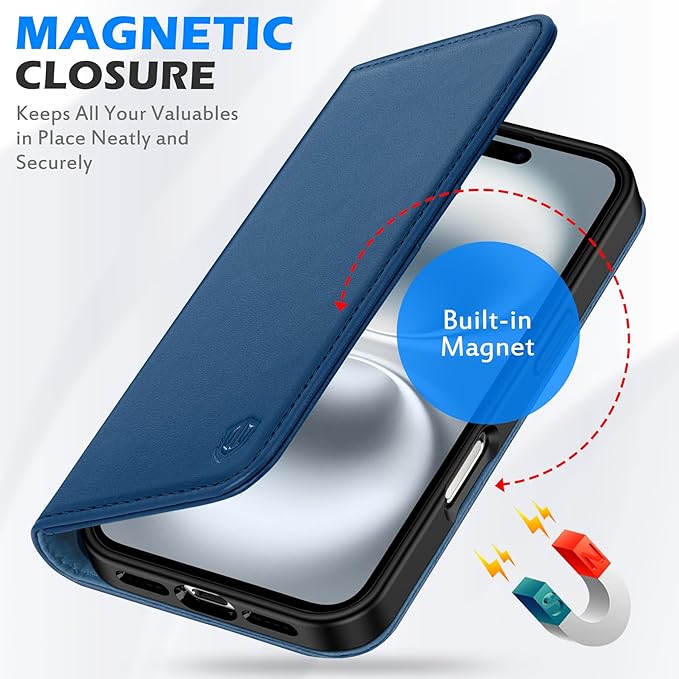 SHIELDON Case for iPhone 16 5G, Genuine Leather Wallet Case Magnetic RFID Blocking Card Holder Kickstand Shockproof Protection Cover Compatible with iPhone 16 6.1" 2024 - Nappa Royal Blue