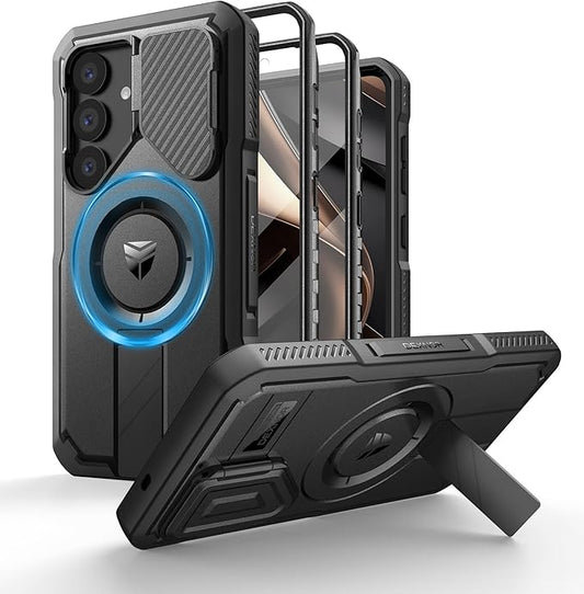 Dexnor for Samsung Galaxy S25 Case with Camera Cover & Adjustable Kickstand & Built-in Screen Protector, Magnetic Rugged Shockproof Bumper Cases Heavy-Duty Magnetic Protective Cover (2025),Black
