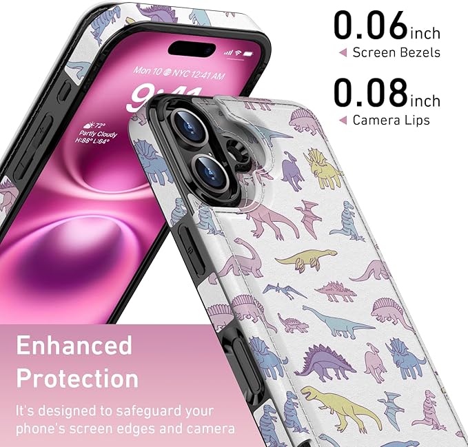 FUNMIKO for iPhone 16 Wallet Case with Card Holder, RFID-Blocking, Military-Grade Protection & UV-Printed Artwork, Magnetic Closure with Leather Kickstand - Vibrantly Cute Dinosaur