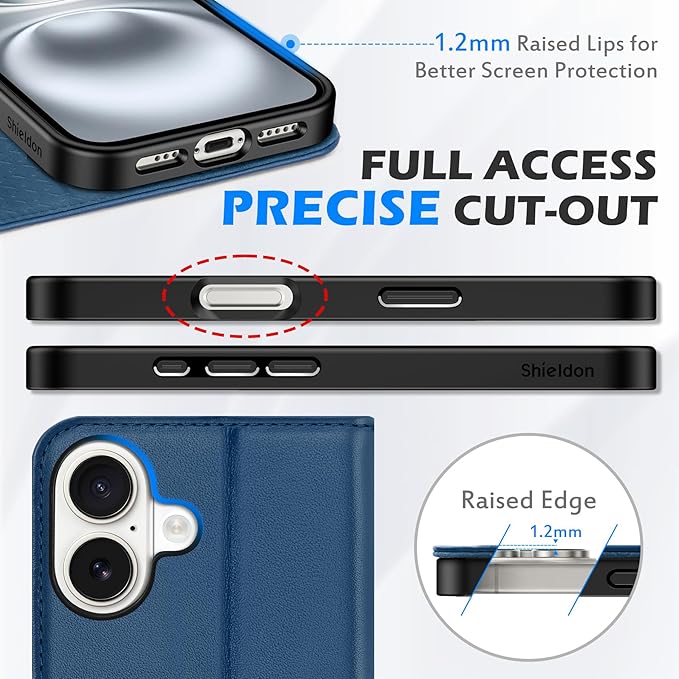 SHIELDON Case for iPhone 16 5G, Genuine Leather Wallet Case Magnetic RFID Blocking Card Holder Kickstand Shockproof Protection Cover Compatible with iPhone 16 6.1" 2024 - Nappa Royal Blue