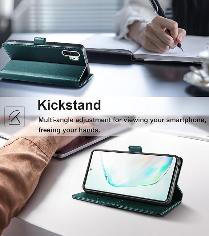 Wallet Flip Case for Samsung Galaxy Note 10 Plus/Note10+ - [RFID Blocking] Luxury PU Leather Card Holder Magnetic Phone Cover with Kickstand,Shockproof Protective Case,Green