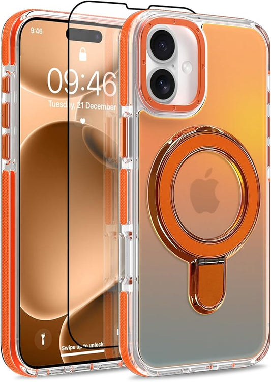 MOWIME Magnetic for iPhone 17 Case with Stand [Compatible with Magsafe] [Cute Fashion Fluorescent Design] [1 Screen Protector] Slim Translucent Matte Case for iPhone 17 6.3" 2025, Orange