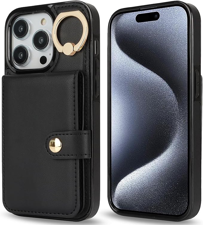 Compatible iPhone 16 Pro Wallet Case with Card Holder RFID Blocking PU Leather Doubles as a Wallet Unisex Flip Shockproof Protection with Card Slots Ring Wrist Kickstand Function,Black