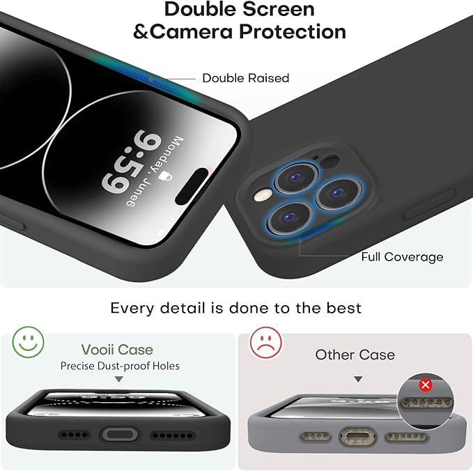 Vooii Compatible with iPhone 14 Pro Case, Liquid Silicone Upgrade [Camera Protection] [Soft Anti-Scratch Microfiber Lining] Shockproof Phone Case for iPhone 14 Pro 6.1 inch - Black