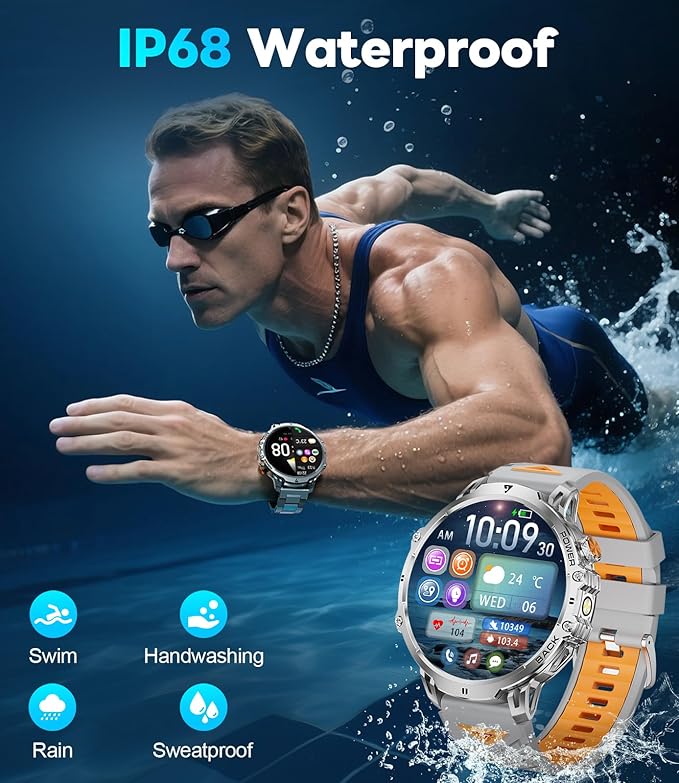Smartwatch for Men with Bluetooth Calling,1.85” HD Display Fitness Tracker with 100+ Sports Modes, IP68 Waterproof Rugged Military Heart Rate Monitor Built-in LED Flashlight Smartwatch for Android iOS