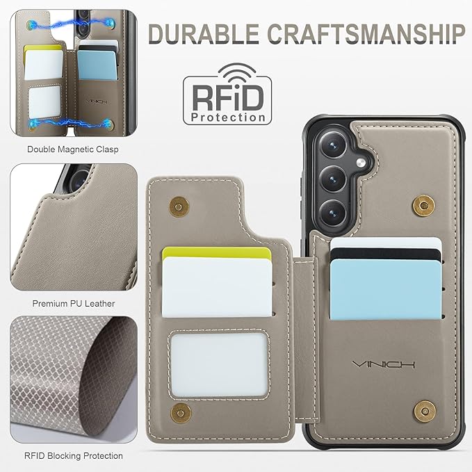 Vinich for Samsung Galaxy S24 Plus Wallet Case with Card Holder, RFID Blocking Credit Slots Kickstand Shockproof Phone Cover for Women Men, Gray