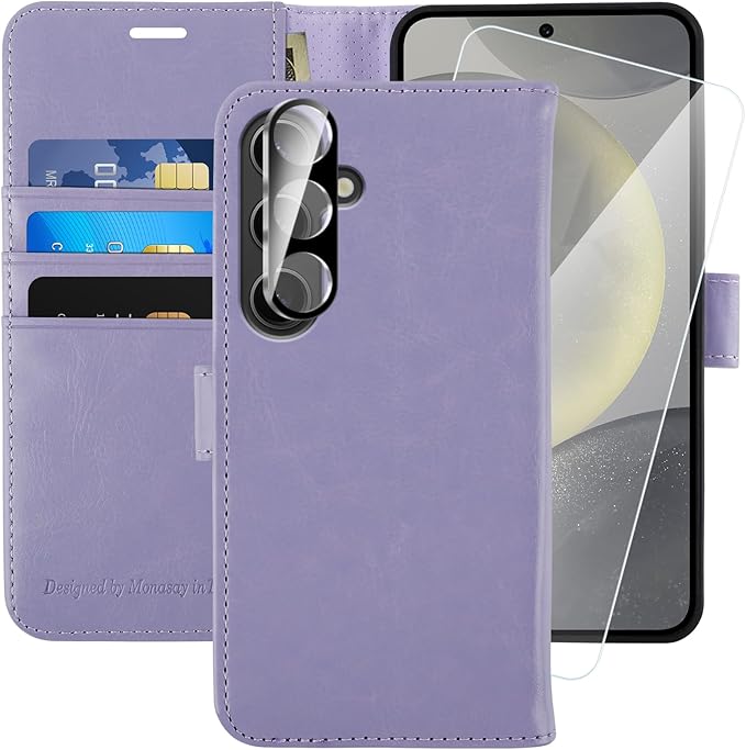 MONASAY Wallet Case Fit for Samsung Galaxy S24+ Plus 5G, [Lens & Glass Screen Protector Included] [RFID Blocking] Flip Folio Leather Cell Phone Cover with Credit Card Holder, Lavenders