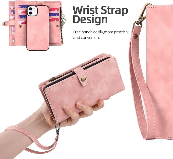 TwoHead for iPhone 12/12 Pro Wallet Case with Card Holder & Detachable Magnetic Phone Case,Leather All-Round Protection Phone Case for Women/Men,6.1IN,Pink