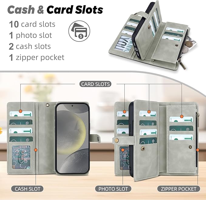 TwoHead for Samsung Galaxy S24 Wallet Case with Card Holder,Detachable Magnetic Phone Case for Galaxy S24,PU Leather Shockproof Protective Phone Cover Wallet with Wrist Strap(6.1 in,Gray)