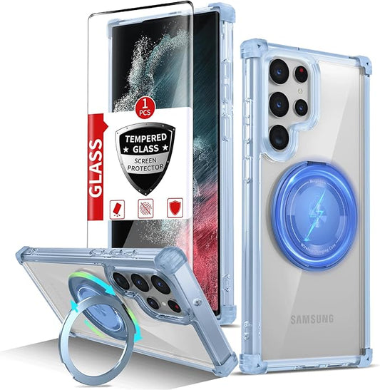 for Samsung Galaxy S22 Ultra Case Compatible Wireless Charging Magnetic,with Screen Protector,for S22Ultra Phone Case with 360°Stand Ring Military Grade Shockproof Heavy Duty Protection Blue
