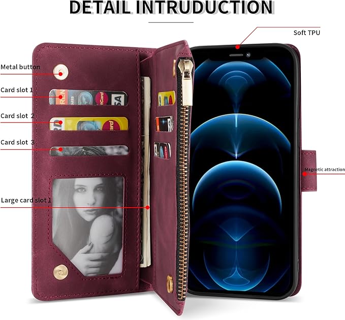 ZZXX for iPhone 12 Pro Max Wallet Case with Card Slot Premium Soft PU Leather Zipper Flip Folio Wallet with Wrist Strap Kickstand Protective for iPhone 12 Pro Max Case Wallet(Wine Red 6.7 inch)