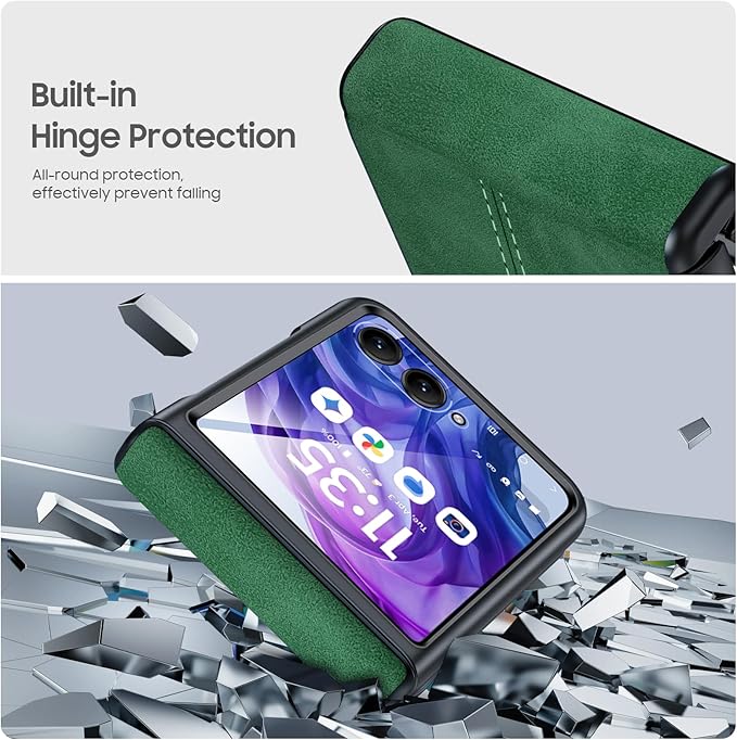 for Motorola razr+ Plus 2024 Case/Razr+ Plus 2025 Case Built-in Screen Protector& Hinge Protection & Ultra Thin PU Leather Matte PC Shockproof Phone Case for Moto Razr+ 2024/Razr+ 2025 (Green)