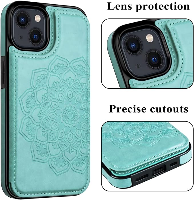 MMHUO for iPhone 15 Case with Card Holder,Flower Magnetic Buttons Protective Wallet Case for Women for iPhone 15,Mint