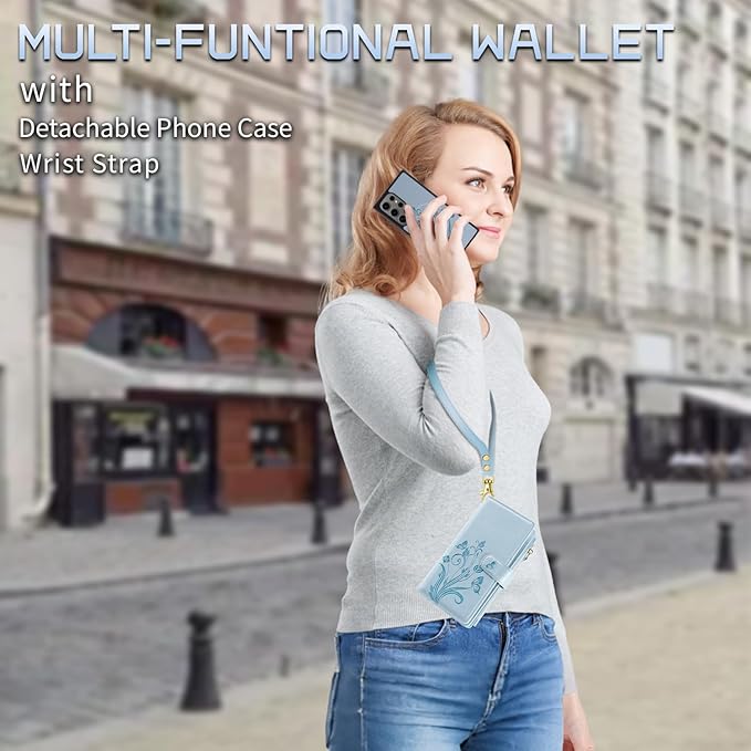 Lacass for Samsung Galaxy S24 Ultra Case Wallet,Compatible with MagSafe 2 in 1 Magnetic Detachable PU Leather RFID Blocking Wallet Cover Card Holder Zipper Wrist Strap Lanyard,Floral Sky Blue
