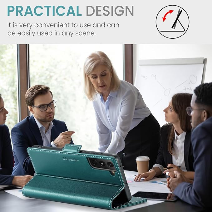 Case for Samsung Galaxy S21 FE Wallet Case, RFID Blocking PU Leather Flip Folio Cover Card Holder Kickstand Shockproof Phone Case Compatible with Samsung Galaxy S21 FE, Blue Green