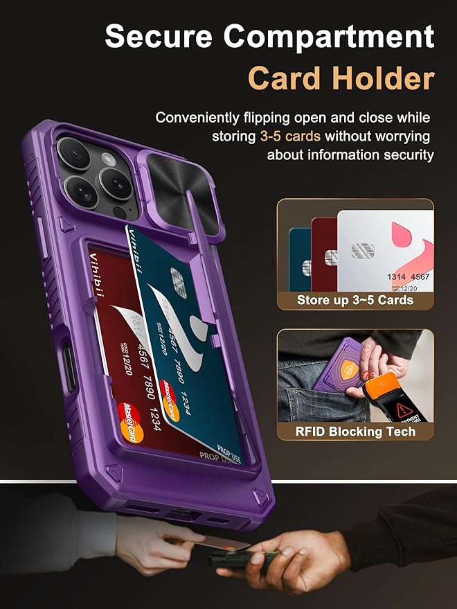 Vihibii for iPhone 16 Pro Max Case Wallet with Card Holder (4 Cards) [RFID Blocking] & Slide Camera Cover, Military Grade Drop Protection, Hard Back & Silicone Edge Phone Case 6.9" 2024, Dark Purple