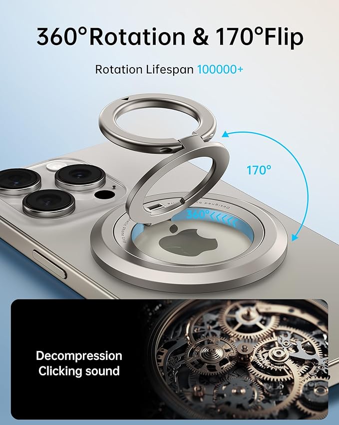 SYNCWIRE Phone Ring Holder Grip for MagSafe, 360° Rotation Magnetic Cell Phone Grip Stand Two-Sided Magnetic Compatible with iPhone 16 15 14 13 12 Pro Max fits MagSafe Accessories - Titanium