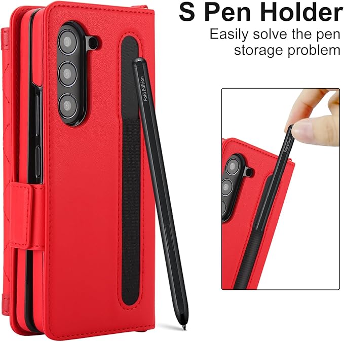 for Samsung Galaxy Z Fold 7 Wallet Case - Stitching Pattern RFID Blocking Card Holder, S Pen Slot Crossbody Strap, Full Body Protection Flip Cover for Women Red