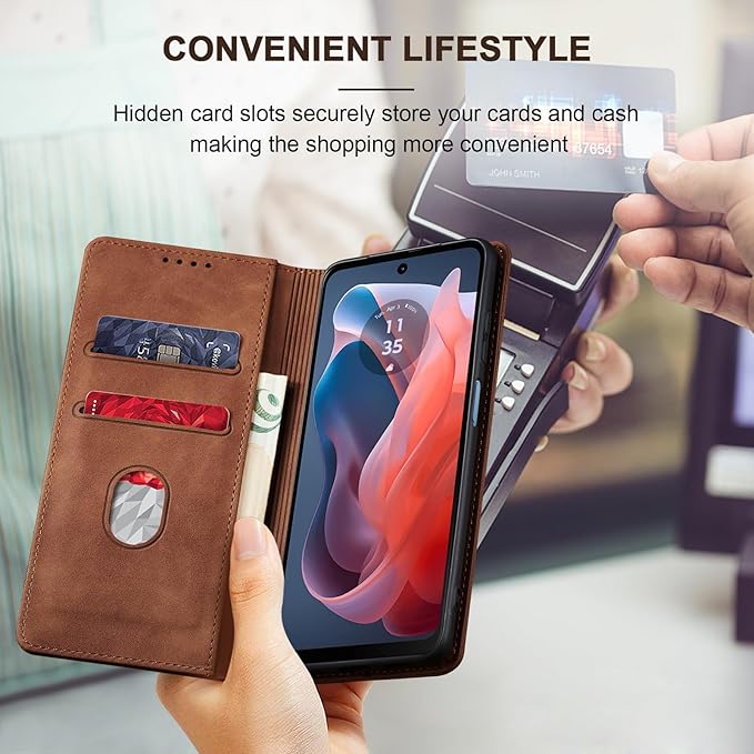 Jasonyu Flip Wallet Case for Moto G Play 4G (2024),Leather Magnetic Folio Cover with Card Holder,Kickstand - TPU Shockproof Durable Protective Phone Case,Brown