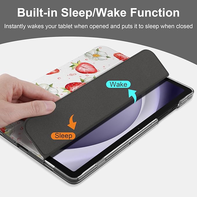 DONGKE Case for Samsung Galaxy Tab A9+/A9 Plus 11 inch 2024 2023 (SM-X210/X216/X218), Slim Stand Hard PC Translucent Back Shell Smart Cover, Auto Wake/Sleep - Strawberries