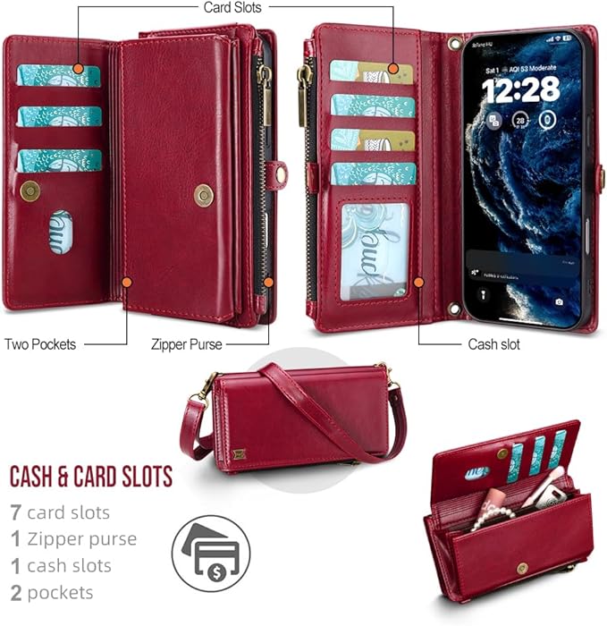 for iPhone 17 Wallet Phone Case with 7 Card Holder,RFID Blocking | PU Leather | Kickstand | Flip | Wrist Strap&Shoulder Strap | Shockproof | Zipper Wallet | Women Men | 6.3" | Red