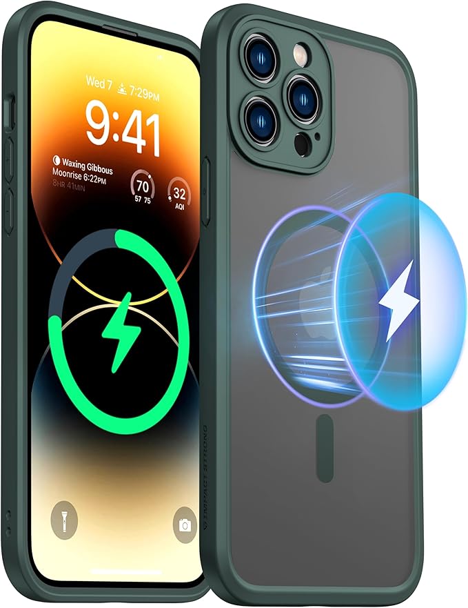 ImpactStrong Magnetic Guard Designed for iPhone 14 Pro Max Case [Camera Protection] [Military Grade Drop Tested] [Compatible with MagSafe] Slim Translucent Matte Phone Case (6.7") - Dark Green