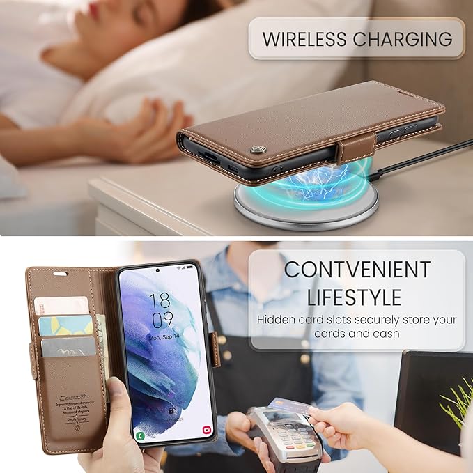 Case for Samsung Galaxy S21 Wallet Case, RFID Blocking PU Leather Flip Folio Cover Card Holder Kickstand Shockproof Phone Case Compatible with Samsung Galaxy S21, Brown