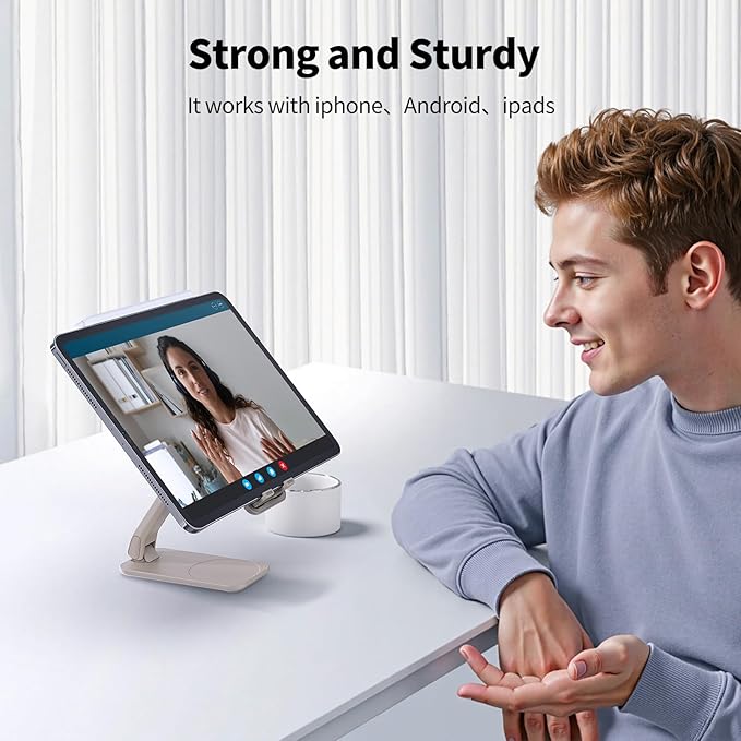 iWALK Magnetic Cell Phone Stand for Desk, Angle and Height Adjustable Mobile Phone Holder, Foldable Magnet Stand for iPhone 16 15 14 13 12 Pro Max and iPad Cell Phone Holder, Light Brown