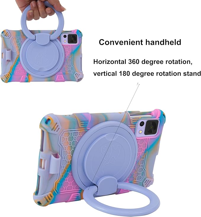 Tablet Case for ALLDOCUBE iPlay 50 Mini/60 Mini/DOOGEE T20 Mini/TCL/Samsung Galaxy Tab A 8.4 inch Soft Anti-Stress Silicone Case with Rotate Stand/Pencil Holder/Shoulder Strap/Pen (Colorful Purple)