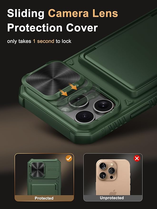 Vihibii for iPhone 16 Pro Max Case with Card Holder (4 Cards) [RFID Blocking] & Slide Lens Cover, Military Grade Drop Protection, Rugged Hard Back & Silicone Edge Wallet Phone Case, 6.9" 2024, Green