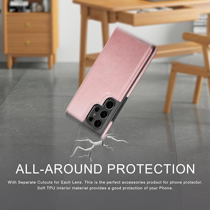 DJDUCK Designed for Samsung Galaxy S25 Ultra Case Wallet with Card Holder, [Magnetic Clasp Cover] [RFID Blocking Leather Protection] Shockproof Women Men Cases for Samsung S25 Ultra Rose Gold